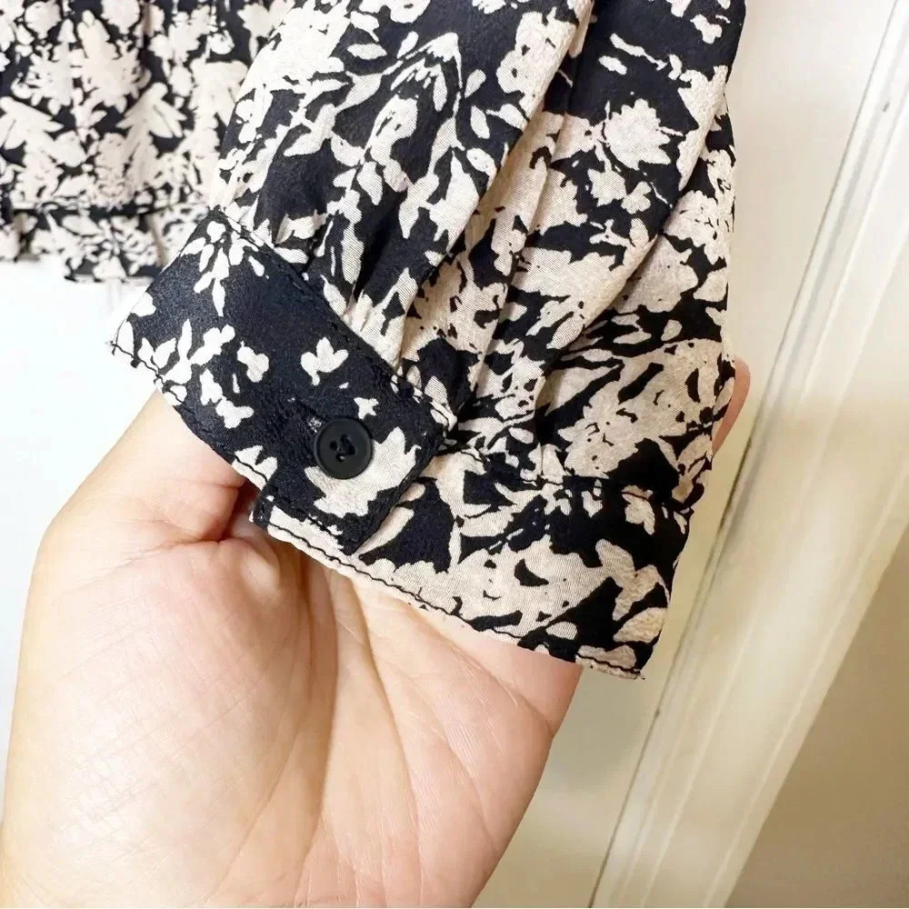 REBECCA TAYLOR 100% Silk Cream Black‎ Floral Print Blouse Peplum Size 0 - Picture 4 of 8